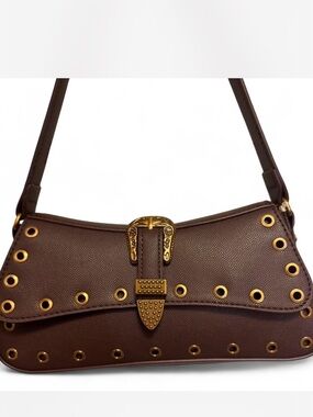 Betsey Johnson Western Brown Leather-Textured Shoulder Bag with Gold Hardware